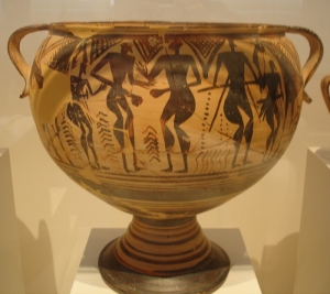 Pedestal krater depicting a boxing match 690-670 BC - source Archaeological Museum, Athens